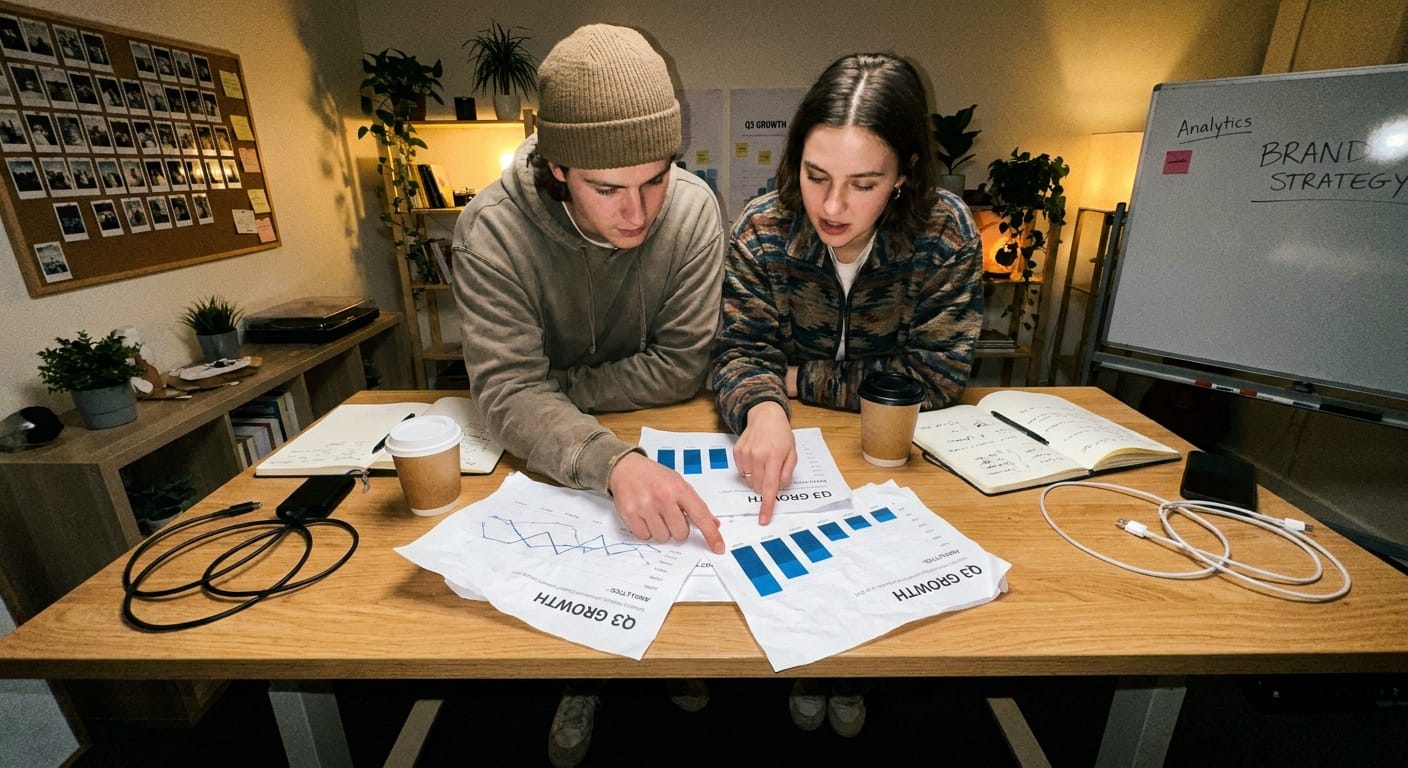 a small brand team of two people reviewing printed analytics reports together at